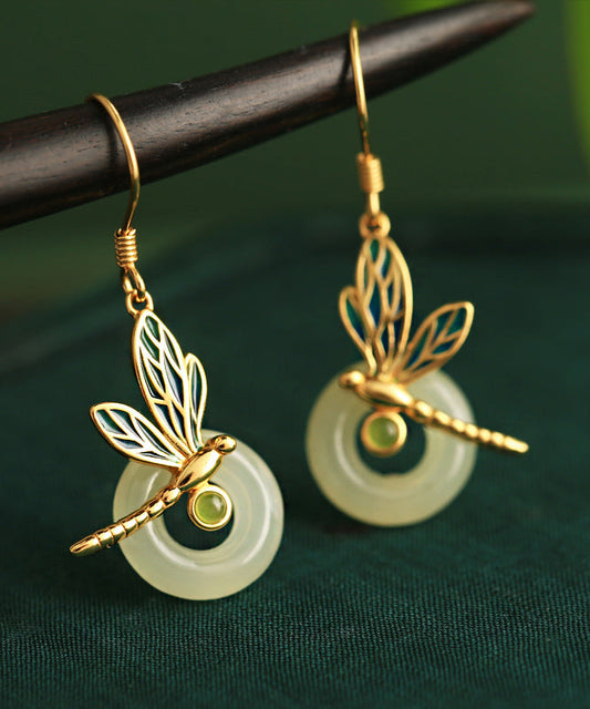 Gold Sterling Silver Overgild Jade Enamel Dragonfly Drop Earrings