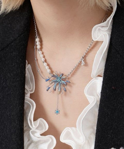 Gradient Color Rainbow Sterling Silver Zircon Fireworks Pearl Tassel Pendant Necklace