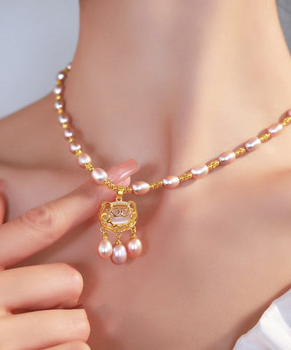 Light Purple Sterling Silver Overgild Pearl Safe Lock Pendant Necklace