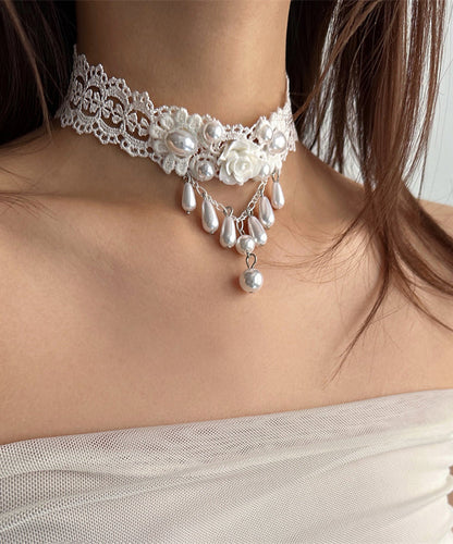 White Acrylic Alloy Lace Pearl Water Drop Pendant Necklace