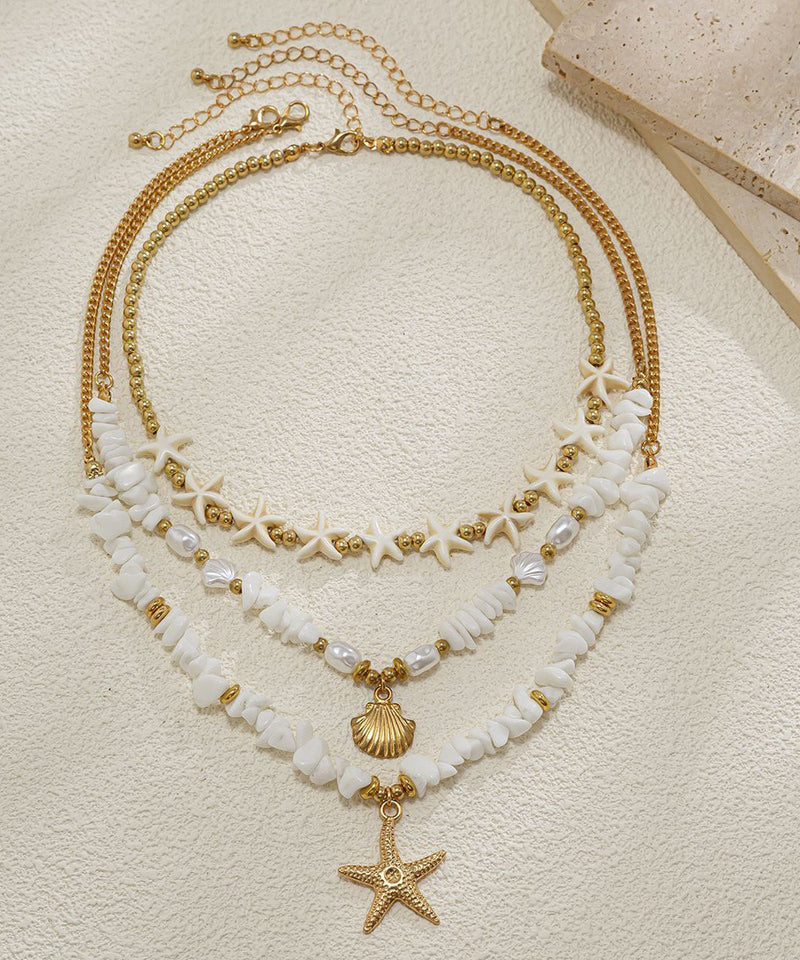 White Copper Starfish Shell Layered Pendant Necklace