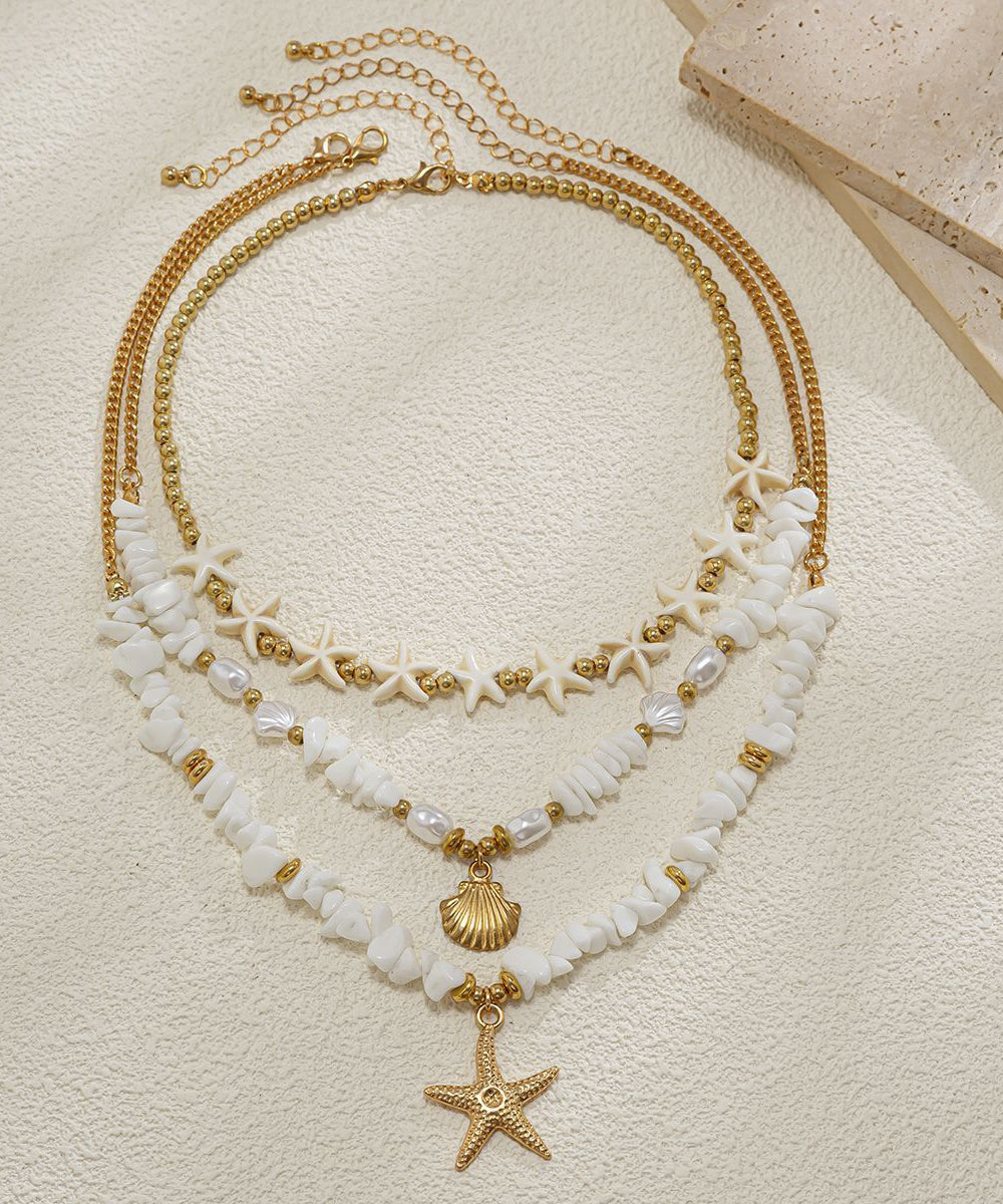 White Copper Starfish Shell Layered Pendant Necklace