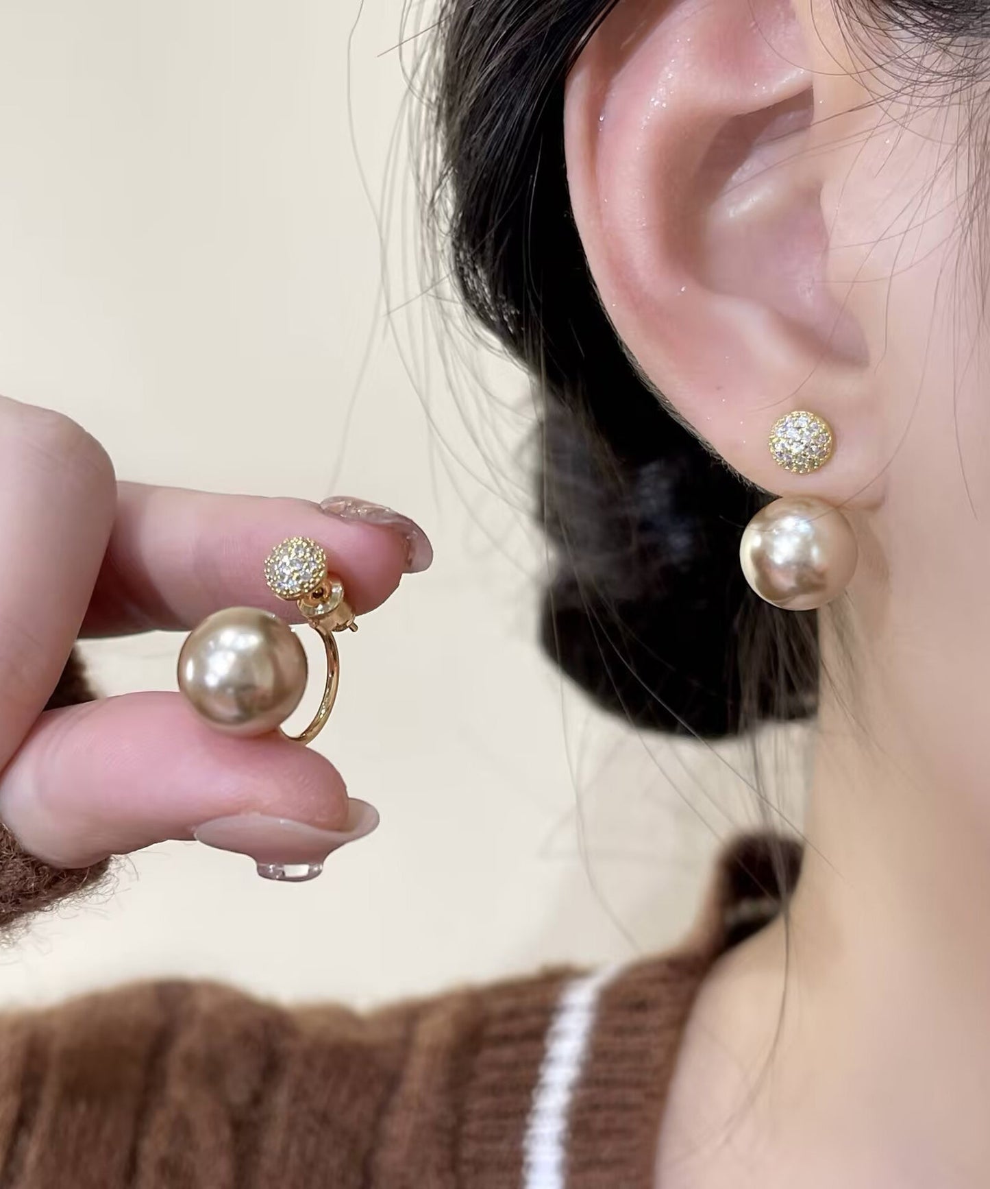 Diy Champagne Sterling Silver Overgild Zircon Pearl Hoop Earrings