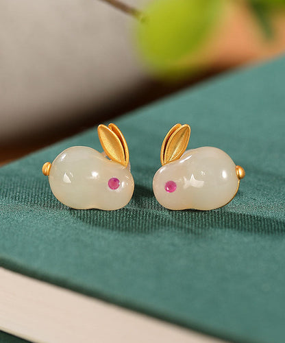 White Rabbit Jade 14k Gold Stud Earrings and Pendant Necklace and Ring