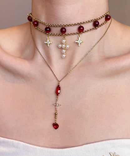Red Cat's Eye Cross Layering Alloy Two Piece Set Pendant Necklace
