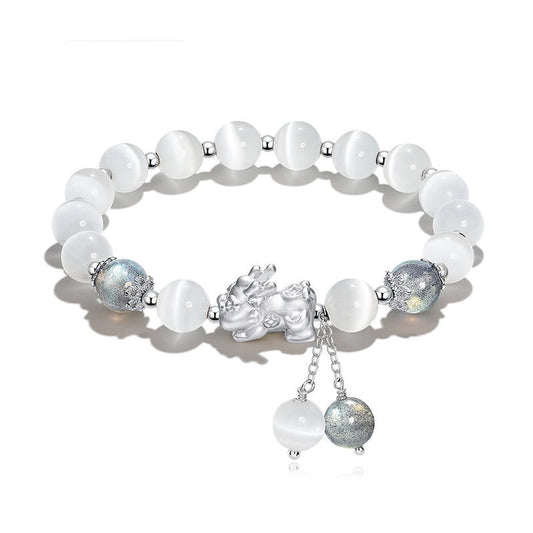 Buddha Stones Natural Cat's Eye Moonstone Strawberry Quartz Pixiu Support Bracelet