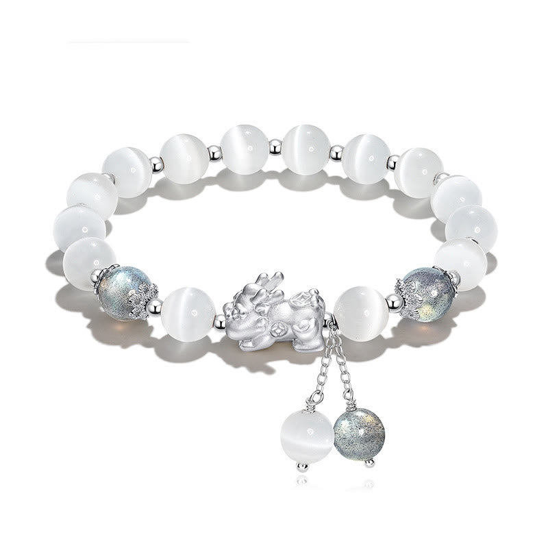 Buddha Stones Natural Cat's Eye Moonstone Strawberry Quartz Pixiu Support Bracelet
