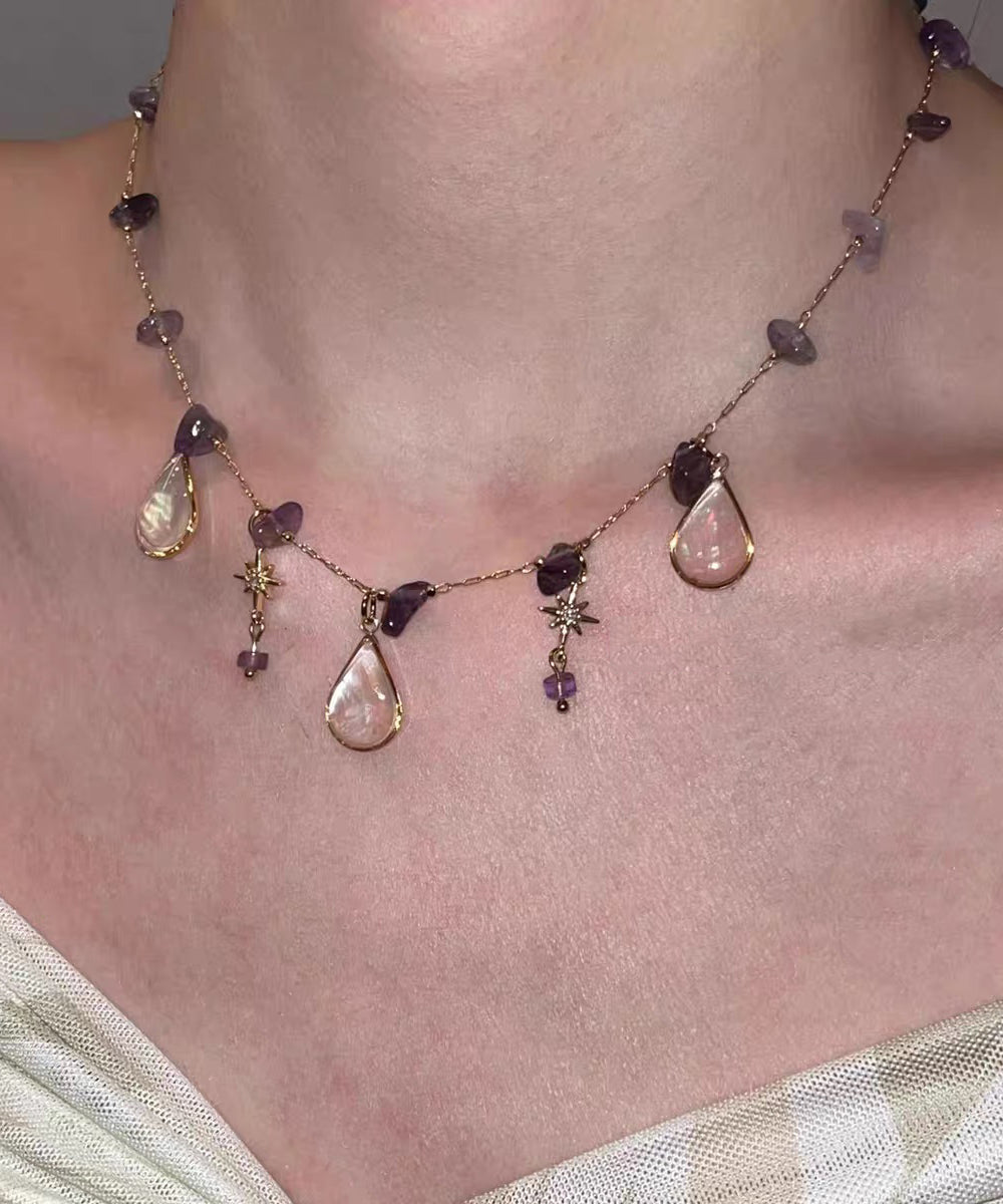 Gradient Color Purple Copper Overgild Crystal Star Water Droplet Pendant Necklace