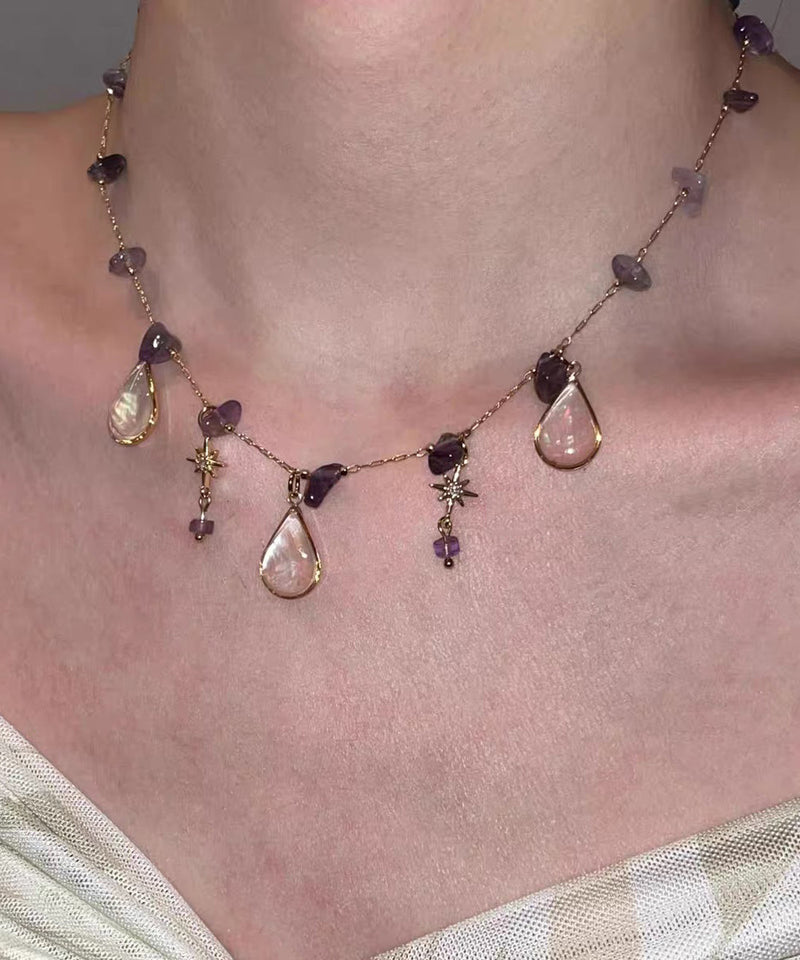 Gradient Color Purple Copper Overgild Crystal Star Water Droplet Pendant Necklace
