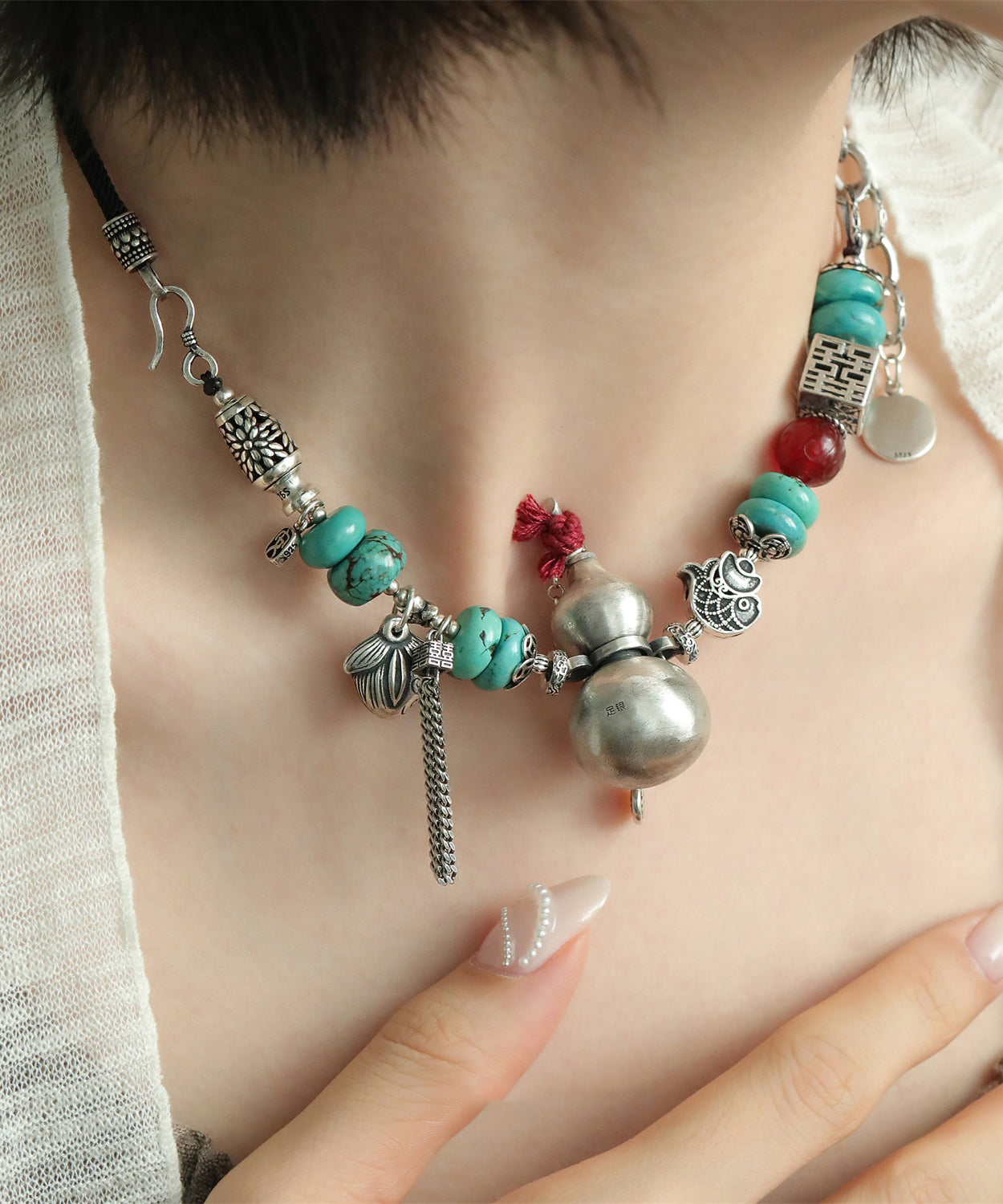 Diy Colorblock Sterling Silver Calabash Agate Double Happiness Pendant Necklace
