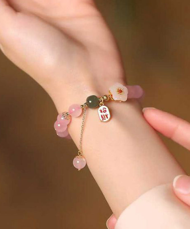 Pink Sterling Silver Alloy Crystal Peach Blossom Charm Bracelet