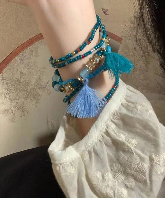 Blue Hand Woven Multilayer Beading Tassel Charm Bracelet