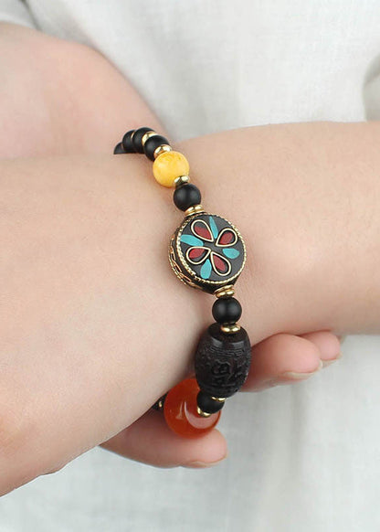 Black Coloured Glaze Pearl Beeswax Clover Charm Bracelet