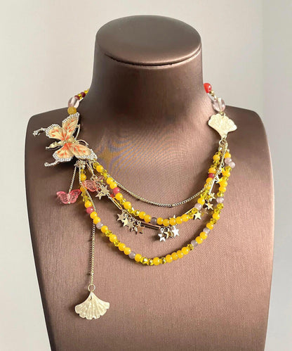 Yellow Alloy Zircon Beading Butterfly Star Pendant Necklace
