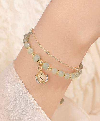 Stylish Little Green Sterling Silver Overgild 14k Gold Jade Zircon Charm Bracelet