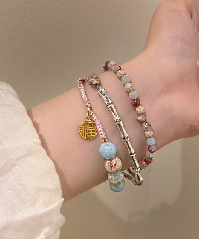 Rainbow Copper Hand Woven Bamboo Joint Charm Bracelet Three Pieces Set