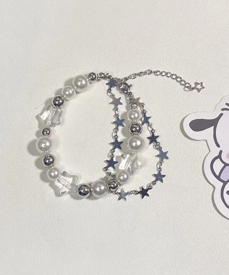 White Stainless Steel Star Double-layer Pearl Charm Bracelet