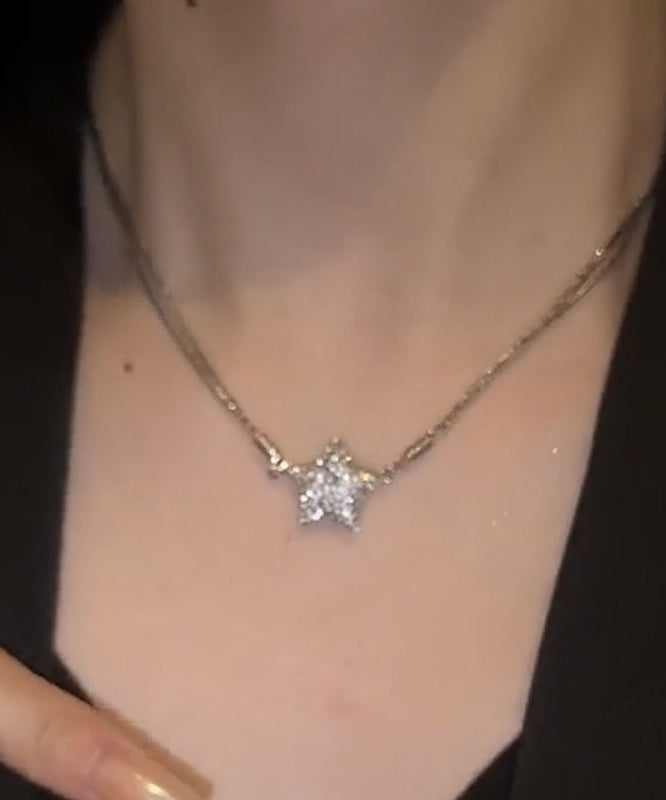 Silk Sterling Silver Zircon Five-pointed Star Pendant Necklace