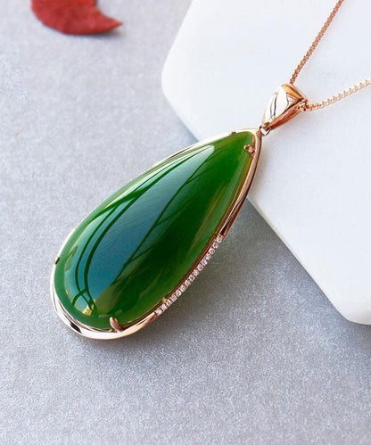 Simple Tea Green Sterling Silver 18k Inlaid Jade Pendant Necklace