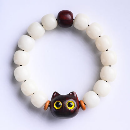 Buddha Stones Natural Bodhi Seed Small Leaf Red Sandalwood Ebony Wood Lucky Cat Wisdom Bracelet