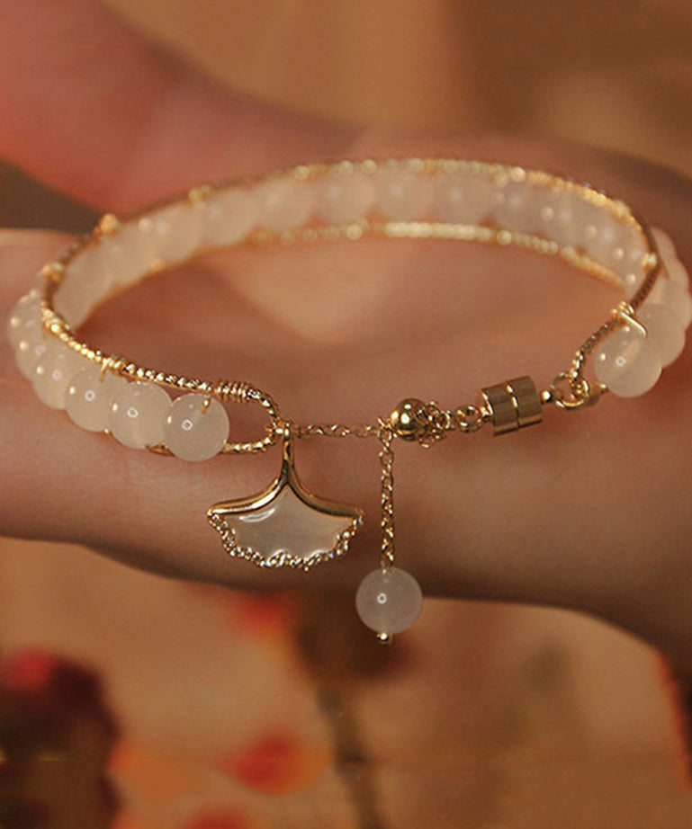 Retro Gold Sterling Silver Alloy Ginkgo Leaves Beading Tassel Charm Bracelet