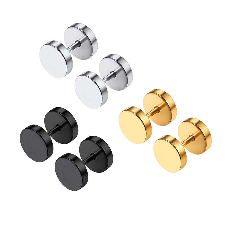 Punk Round Fake Plug Stud Earrings Set ��� 3 Pairs | 6mm & 8mm