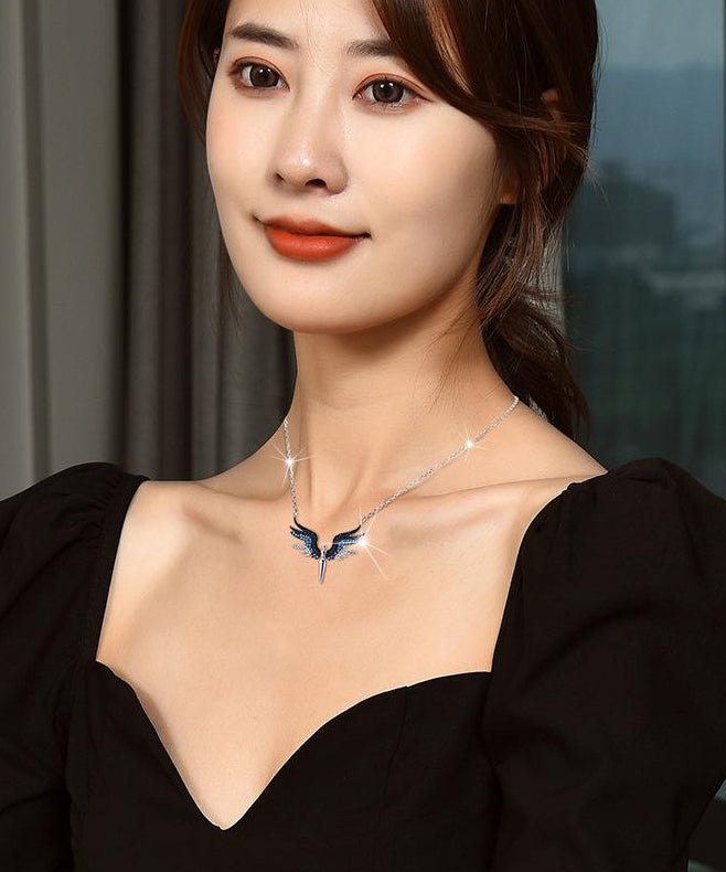 Blue Zircon Wing Metal Pendant Necklace
