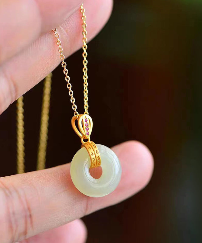Gold Stainless Steel Alloy Jade Zircon Pendant Necklace