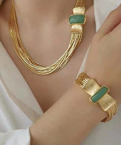 Sterling Silver Overgild Jade Weave Necklace and Chain Bracelet Two-piece Set