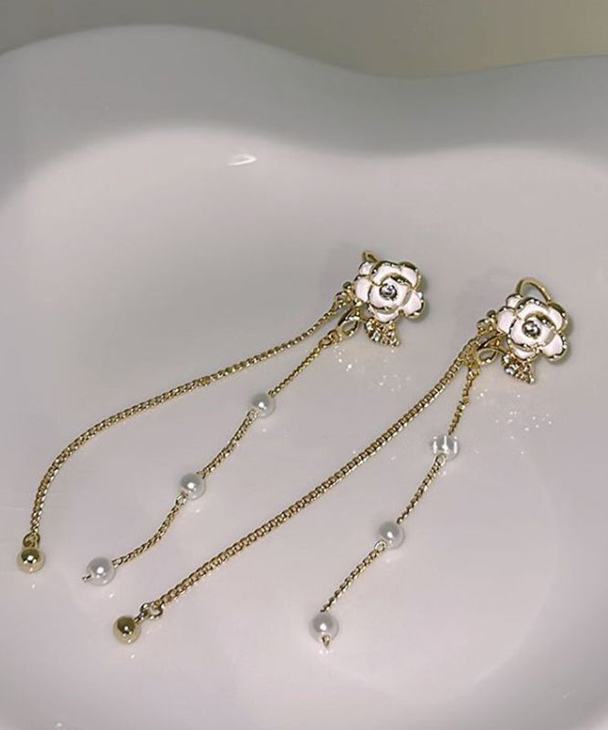 Stylish Gold Copper Overgild Pearl Chain Tassel Drop Earrings