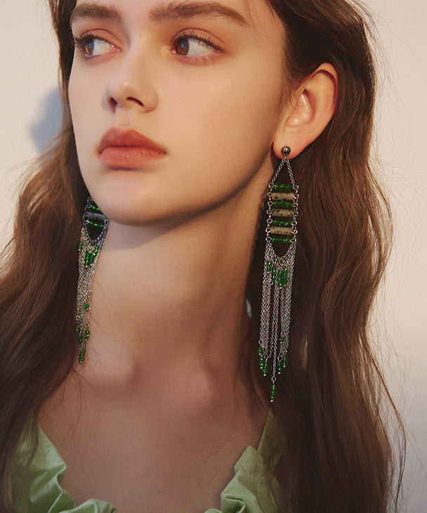 Stylish Green Gem Stone Tassels Exaggeration Silver Plated Drop Earrings
