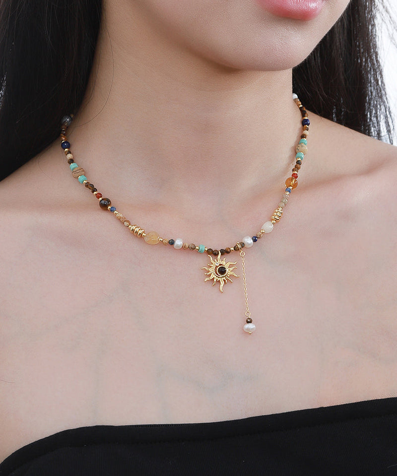 Gold Copper Allopy Pearl Agate Tiger's Eye Stone Pendant Necklace