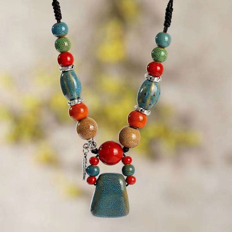 Apricot Hand Knitting Ceramic Beads Pendant Necklace