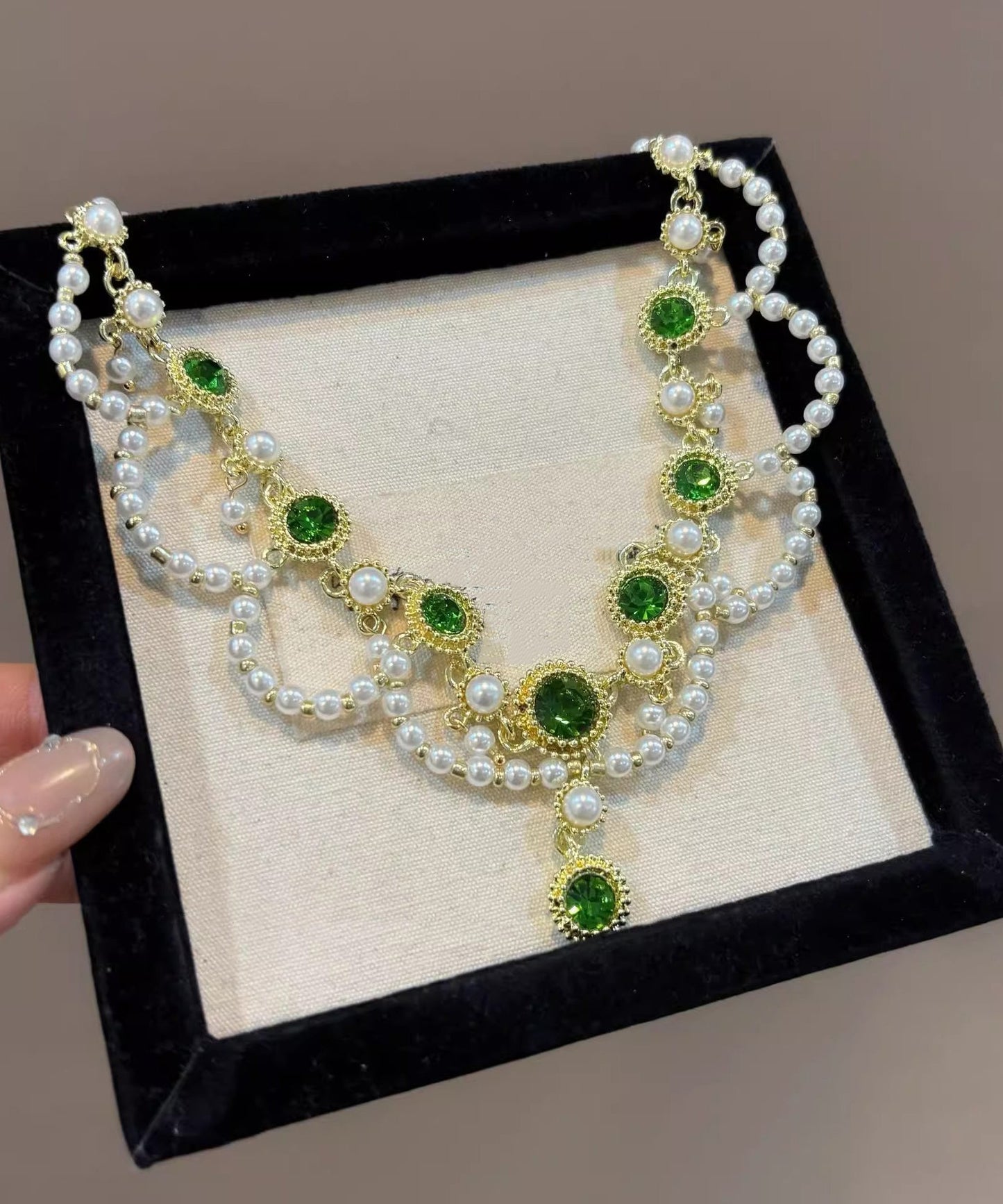 Green Alloy Crystal Pearl Lace Double-layer Pendant Necklace