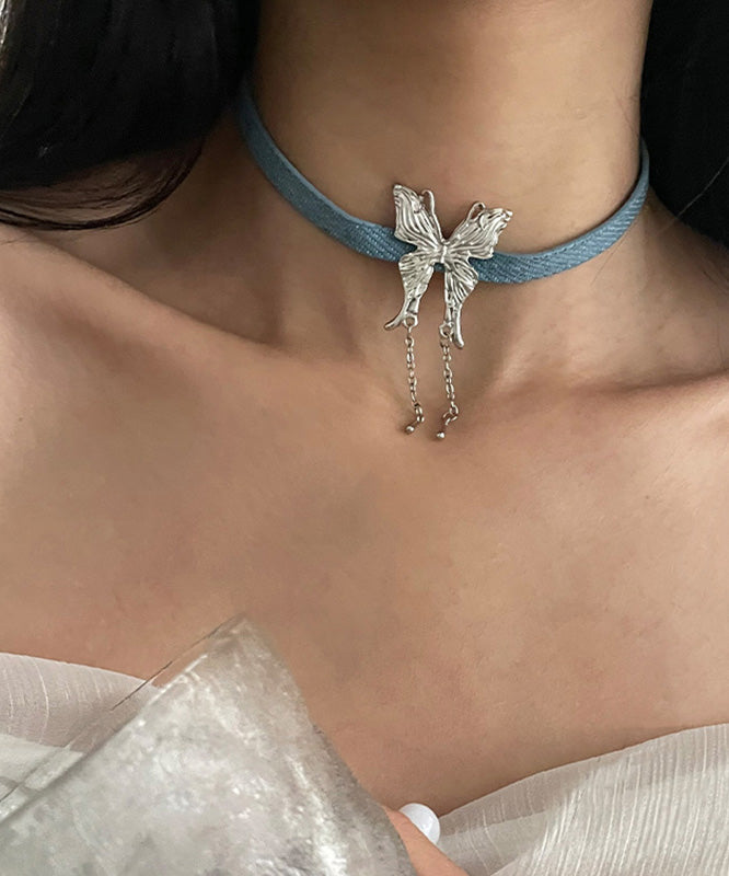 Blue Alloy Leather Rope Butterfly Tassel Pendant Necklace