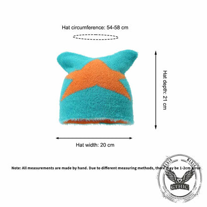 Y2k Cat Ear Star Print Knitted Beanie Hat