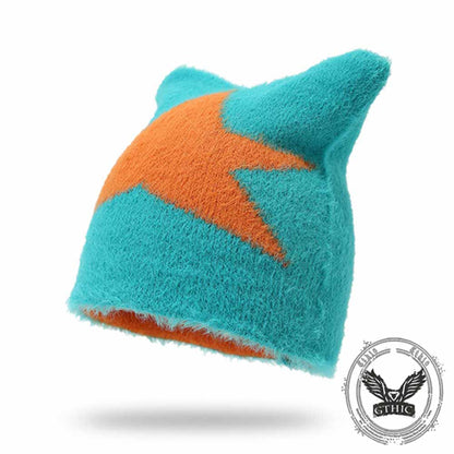 Y2k Cat Ear Star Print Knitted Beanie Hat
