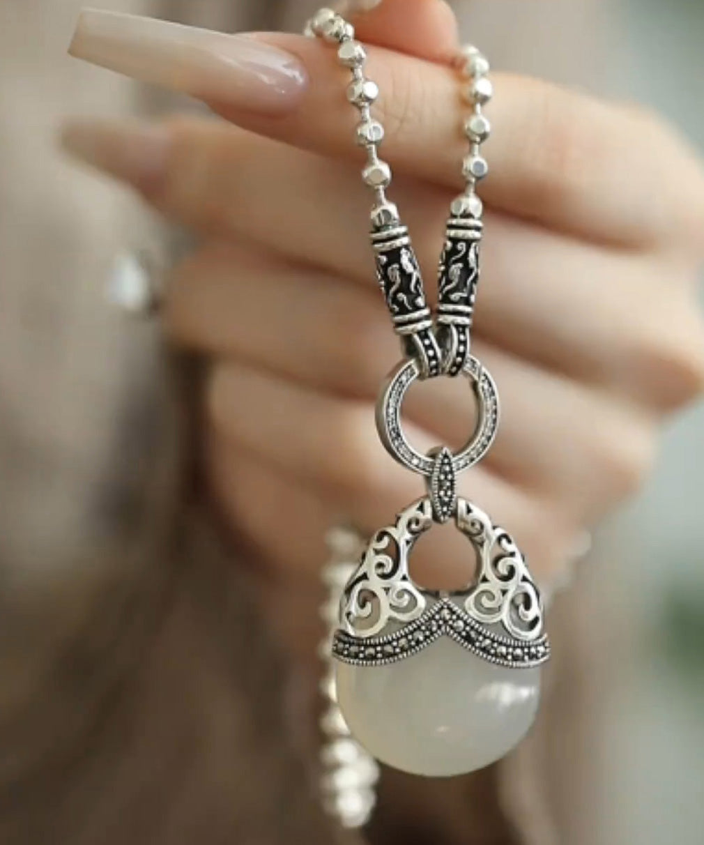 White Sterling Silver Chalcedony Round Bead Pendant Necklace