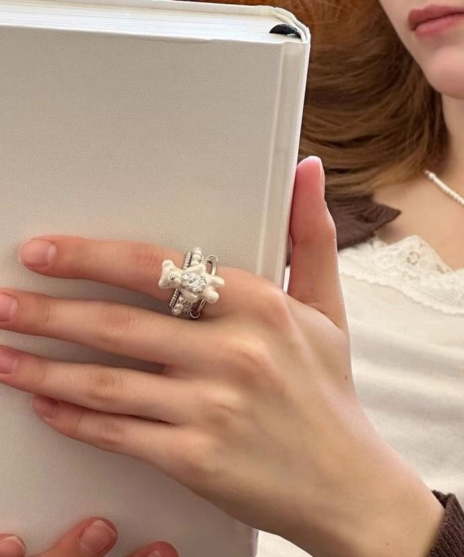 Diy White Stainless Steel Zircon Layered Little Bear Rings