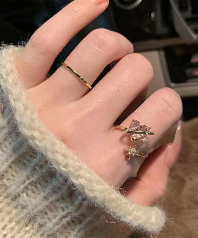 Pink Alloy Zircon Crystal Pearl Love Rings