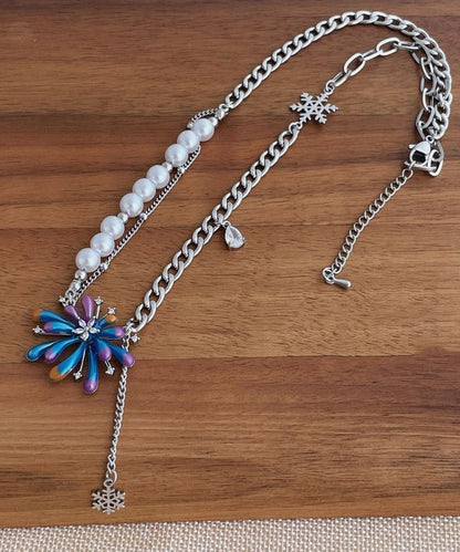 Gradient Color Rainbow Sterling Silver Zircon Fireworks Pearl Tassel Pendant Necklace