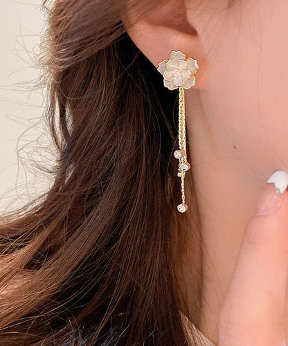 Gold Copper Alloy Zircon Camellia Tassel Drop Earrings