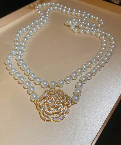 Simple White Copper Zircon Pearl Camellia Sweaters Pendant Necklace