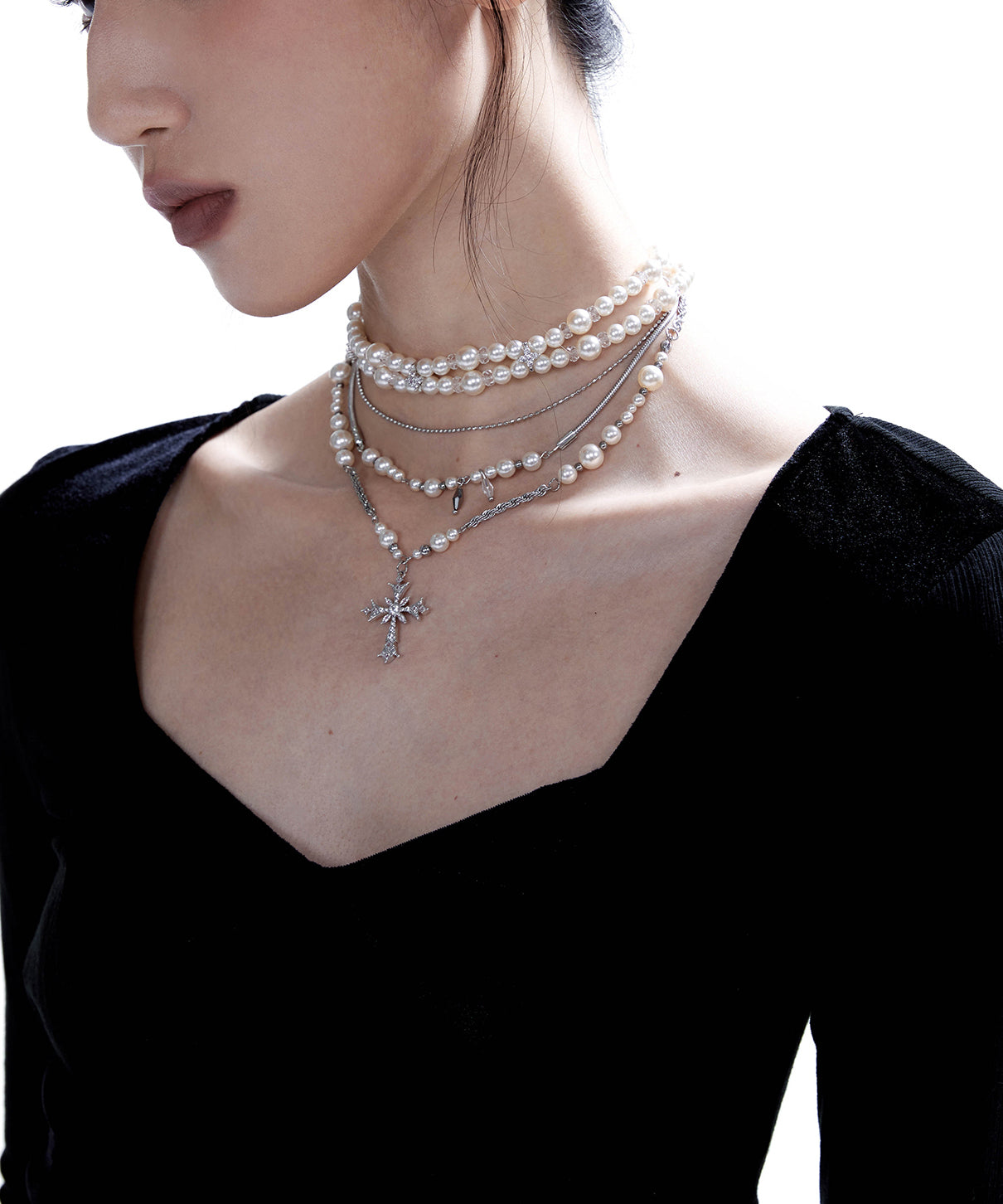 Pearl Cross Two Piece Set Alloy Layering Pendant Necklace