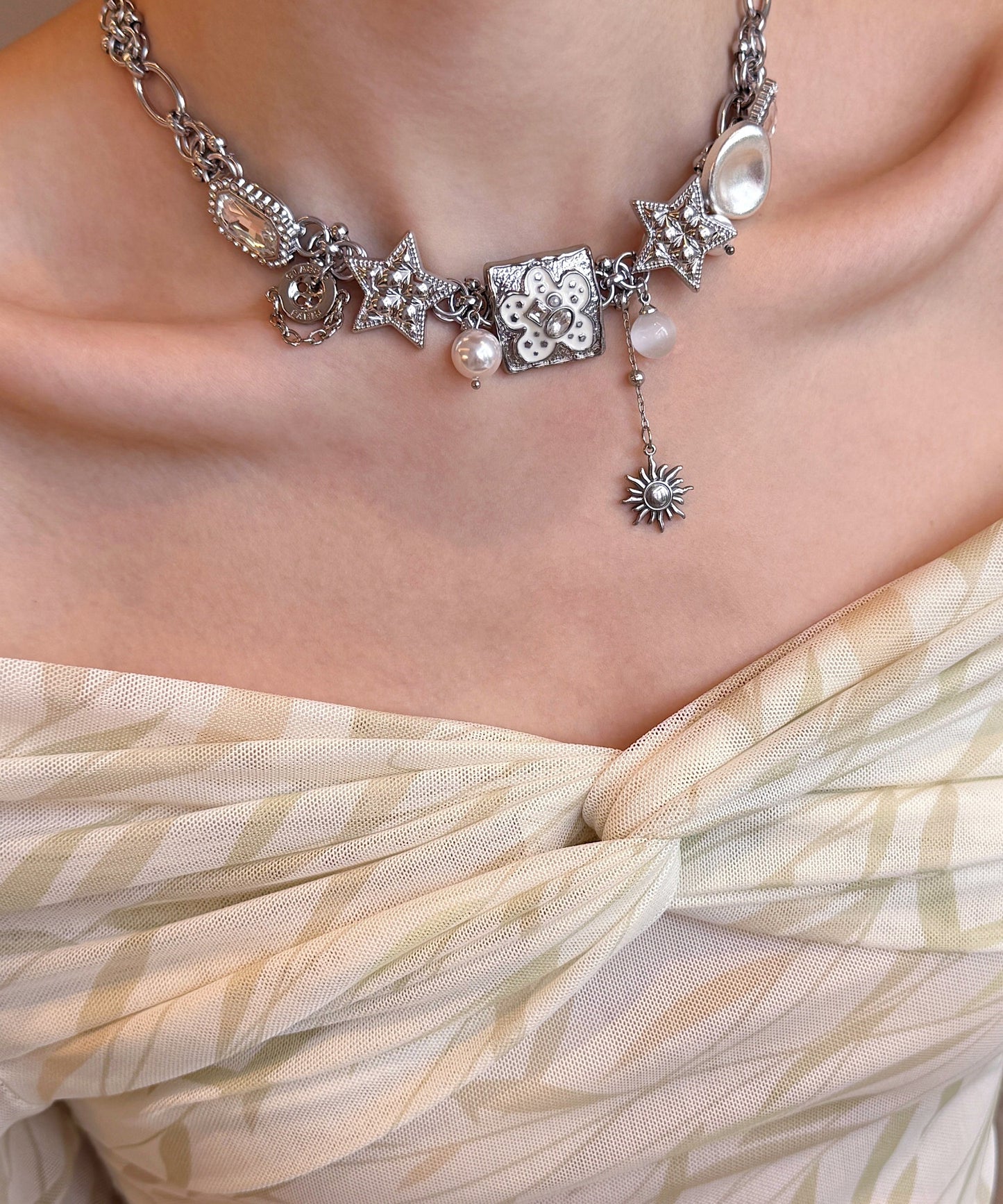 Boutique Silk Stainless Steel Star Pearl Cat's Eye Pendant Necklace