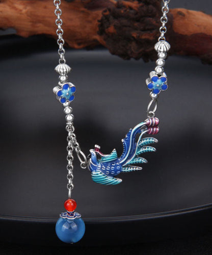 Blue Sterling Silver Cloisonne Phoenix Tassel Pendant Necklace