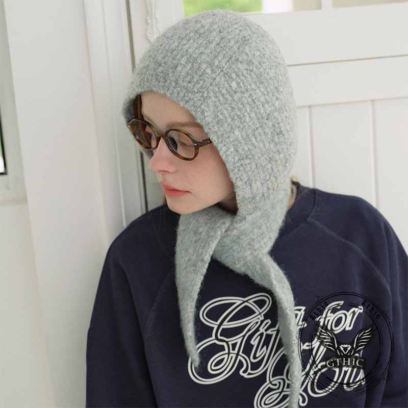 French Retro Tie Up Ear Flaps Knitted Beanie Hat