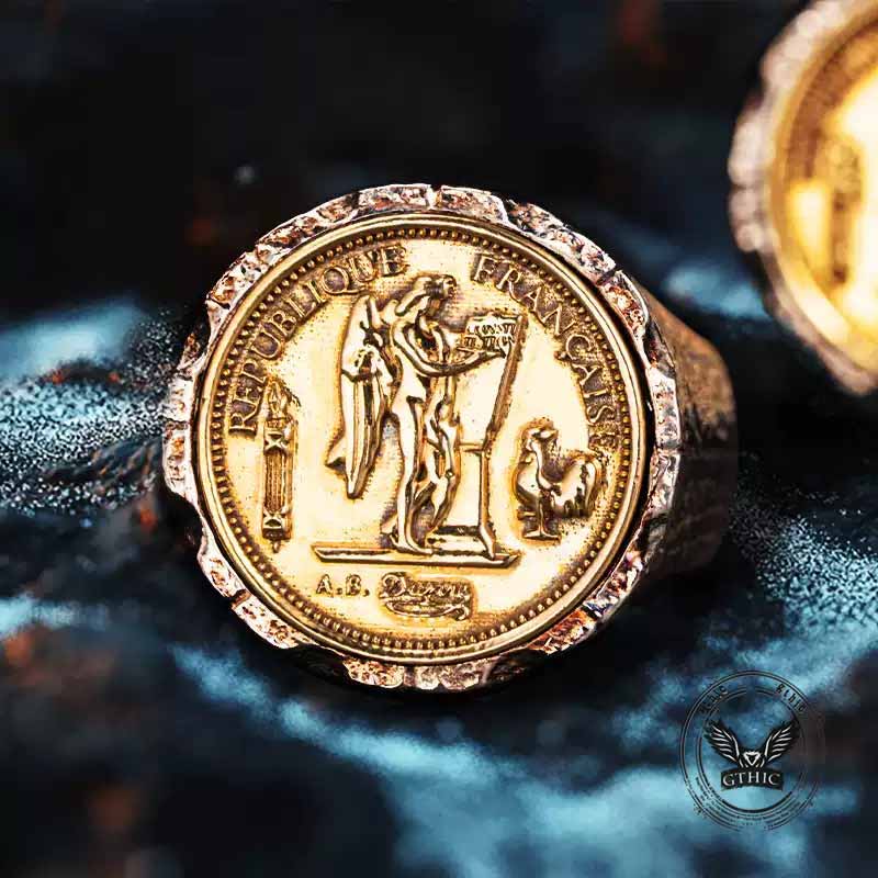 Gallic Rooster Victory Angel Badge Sterling Silver Ring