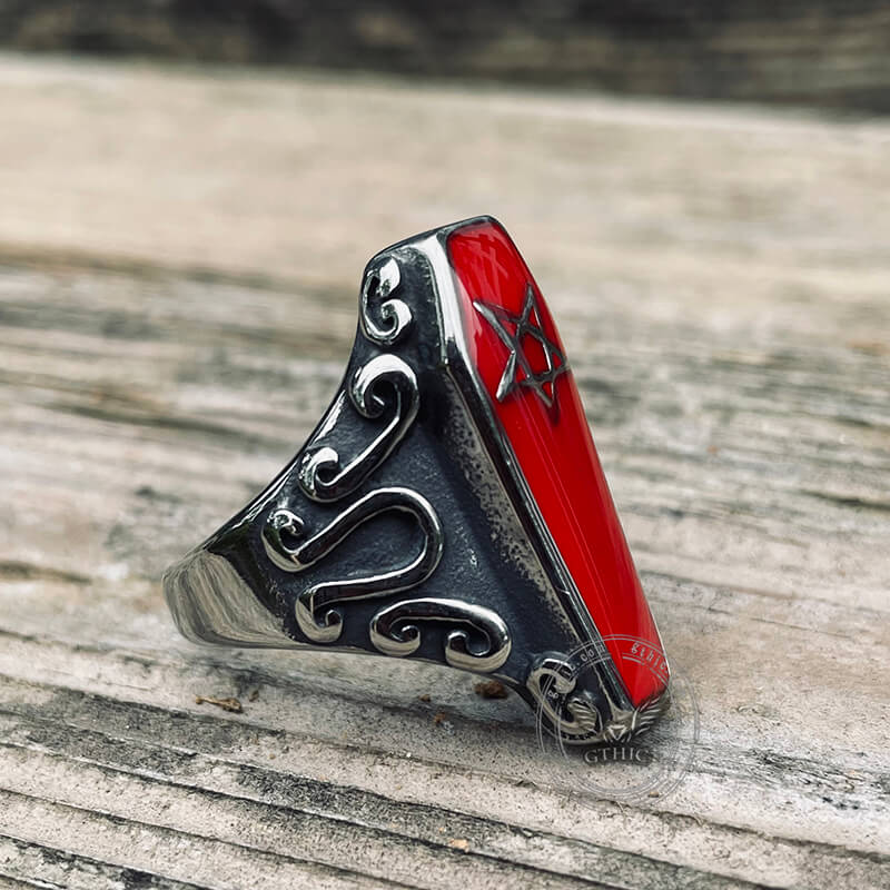 Gothic Coffin Pentagram Stainless Steel Ring