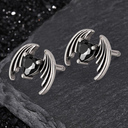 Gothic Devil Wings Heart Zircon Stainless Steel Earrings